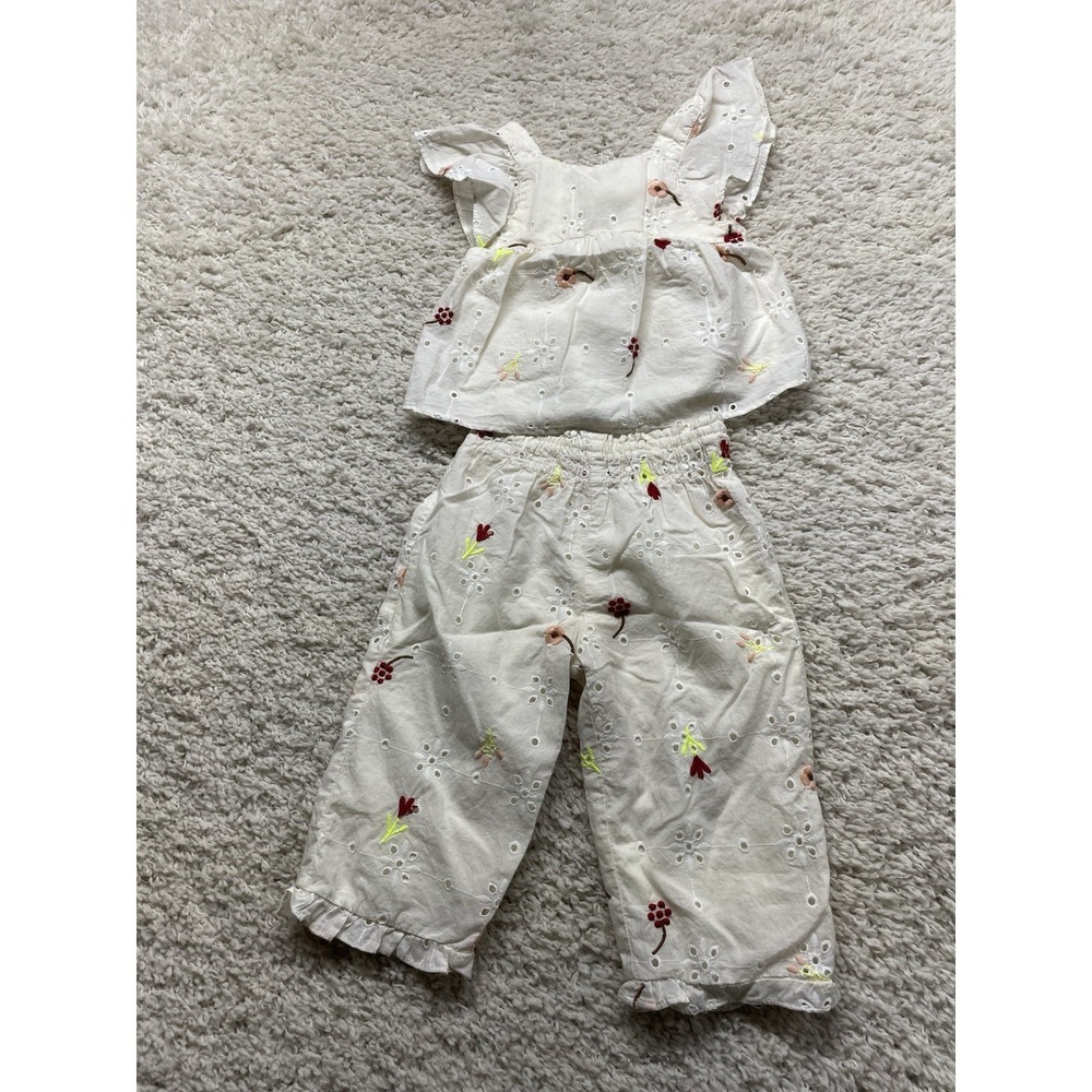 Zara Floral Off White Summer Shirt And Pant Set Pants 18-24 Mo Top 2-3yrs EUC